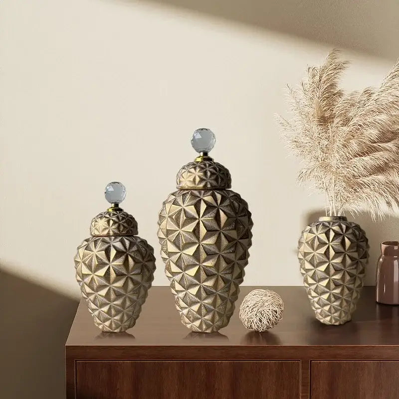 Modern gold geometric diamond ceramic vases with faceted patterns and crystal knobs for living room decorbites decor