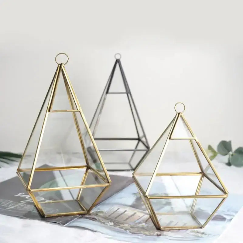 Modern gold decorbites geometric glass vase with pyramid design and hanging loops for living room terrarium decor