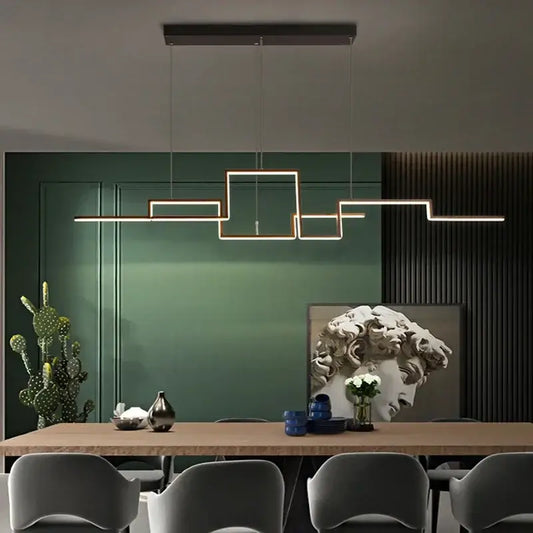 Modern gold geometric led pendant light with interconnected rectangular frames in warm metal for dining room decorbites geometric led