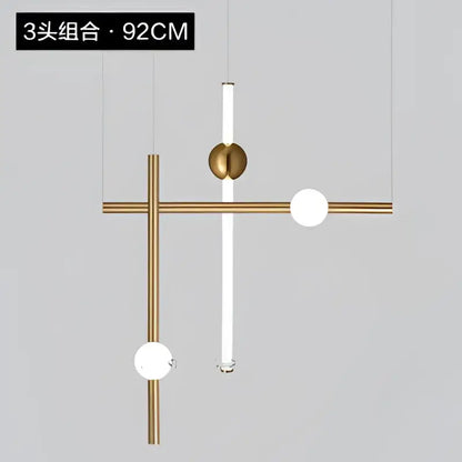 Modern gold geometric line frame pendant lights with three arms and glass globe bulbs for dining room use