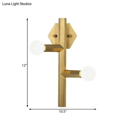 Modern gold geometric wall light with brass finish, hexagonal backplate, direct wired electric vertical tube corner design
