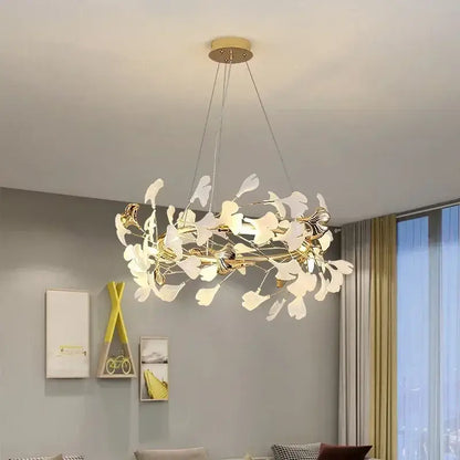 Modern gold ginkgo branch leaf led chandelier with white acrylic leaves and metal frame for living room decorbites ginkgo branch
