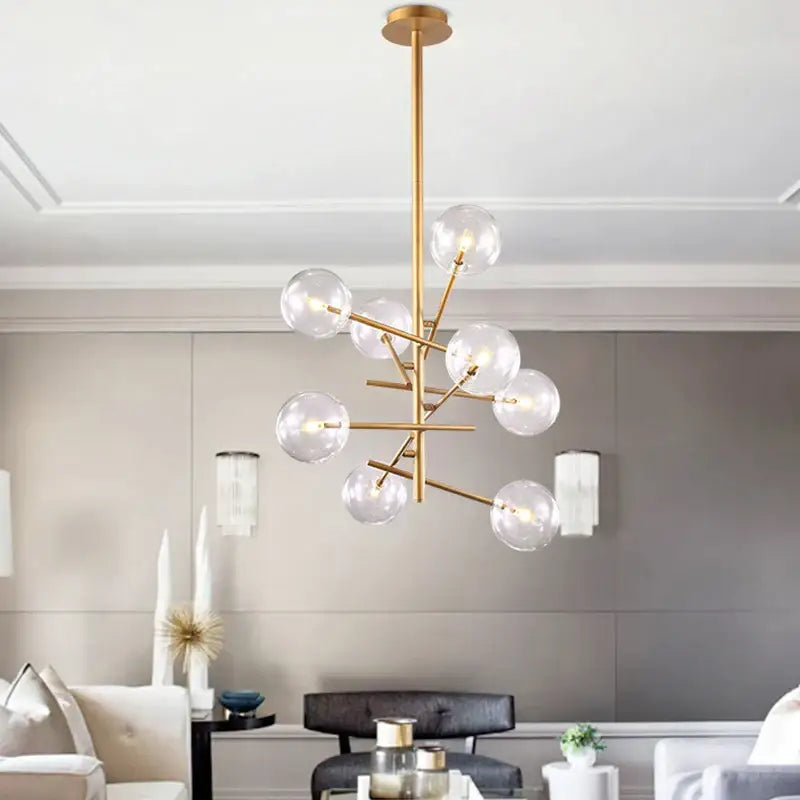 Modern gold glass ball iron chandelier with clear globe bulbs in a branching starburst design for living room decorbites glass ball