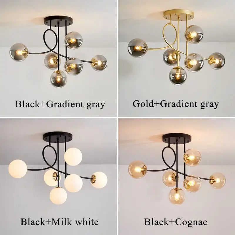 Modern gold ceiling chandelier with curved metal frame and multicolor decorbites glass ball led globes for living rooms