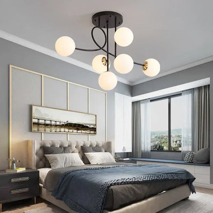 Modern black metal ceiling chandelier with six frosted glass globes decorbites glass ball led living room light