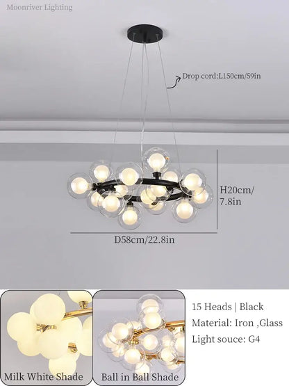 Modern black iron ball led chandelier with glass globe shades in spherical design for dining room decorbites glass ball