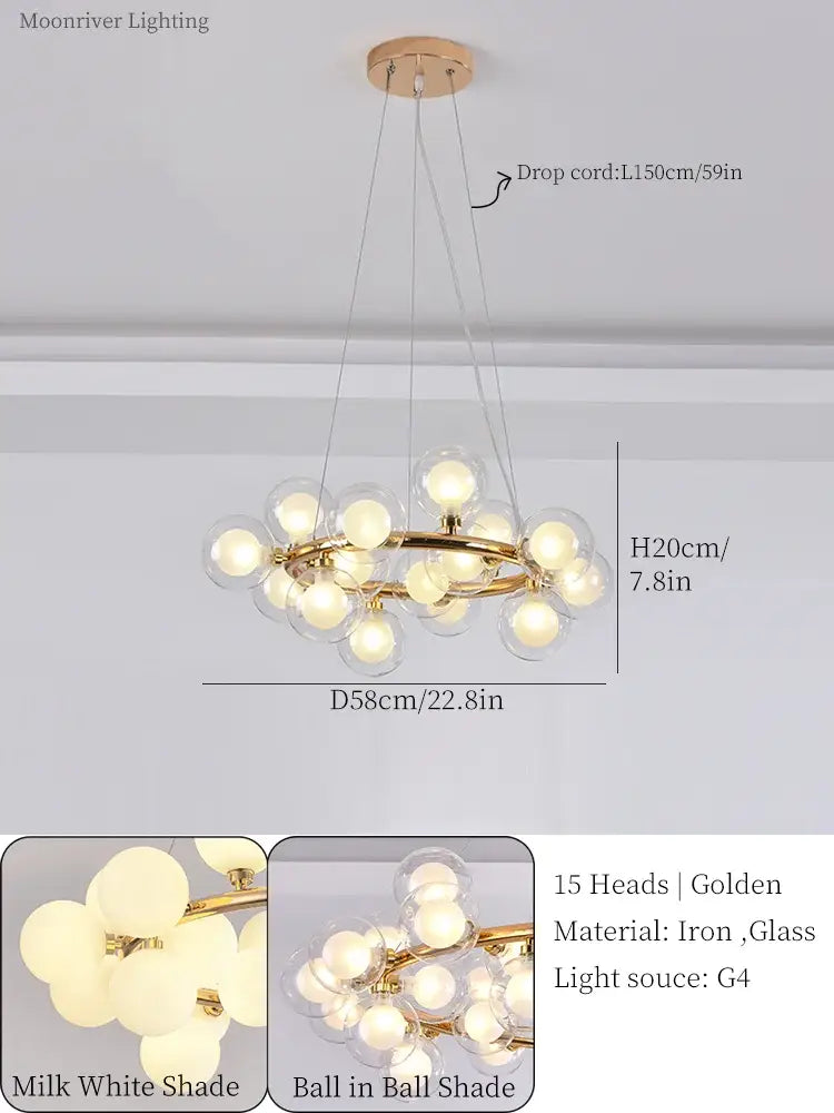 Modern gold glass ball led chandelier with 15 milk white glass globes on iron frame for dining room decorbites glass ball