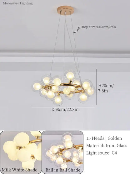 Modern gold glass ball led chandelier with 15 milk white glass globes on iron frame for dining room decorbites glass ball
