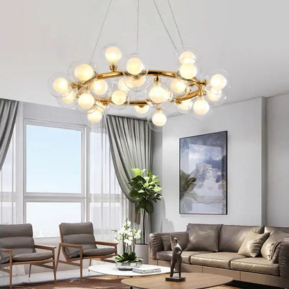 Modern gold glass ball led chandelier with frosted glass globe bulbs in circular cluster for dining room decorbites glass ball