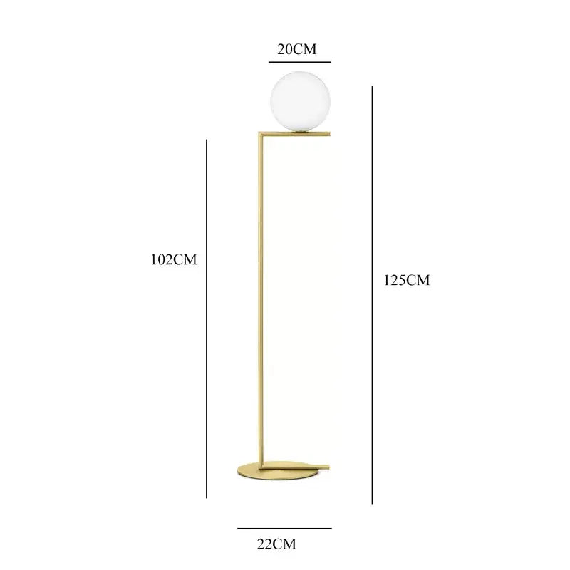 A modern gold floor lamp with a polished metal frame and frosted glass ball led chandelier light by decorbites