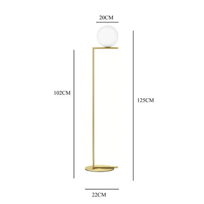 A modern gold floor lamp with a polished metal frame and frosted glass ball led chandelier light by decorbites