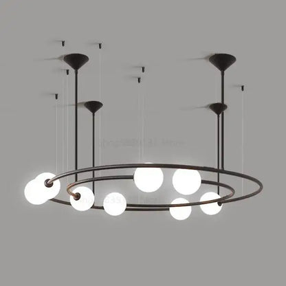Modern black metal chandelier with multiple spherical white glass ball bulbs in a circular decorbites glass ball led design