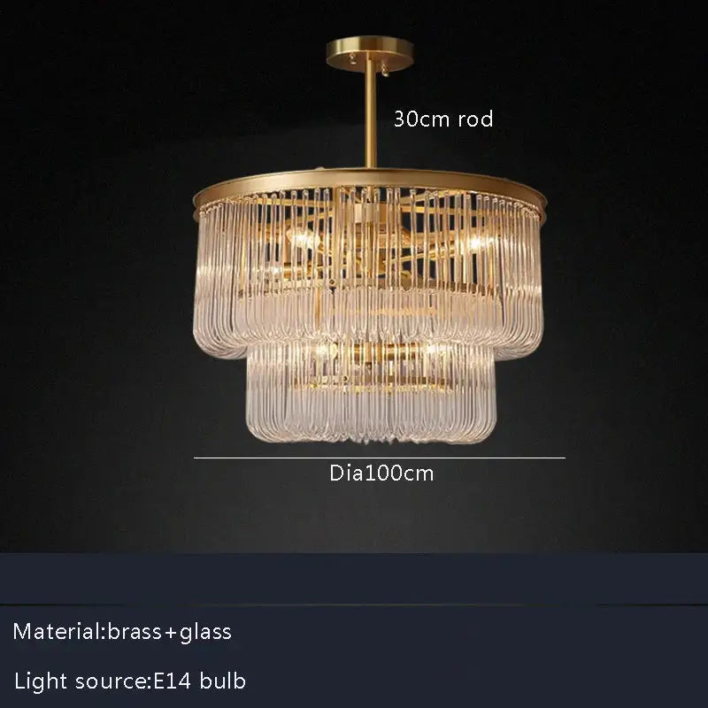 Elegant two-tiered modern gold glass bar chandelier with brass frame and cascading clear glass tubes for luxury decorbites glass lighting