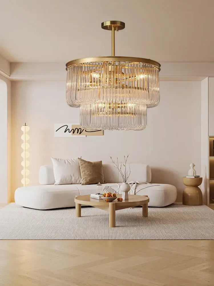 Modern gold glass bar chandelier with tiered design and clear crystal prisms by decorbites glass for luxury living room lighting
