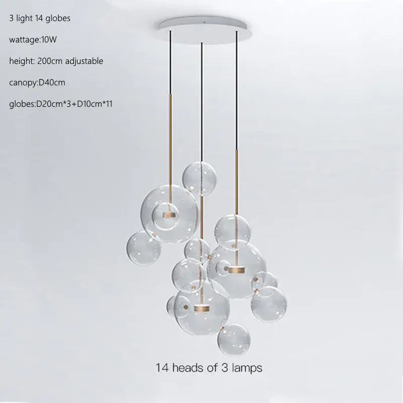 Modern gold glass bubble ball led chandelier with glass bubble ball design brass-toned rods and white canopy for dining room decorbites glass bubble