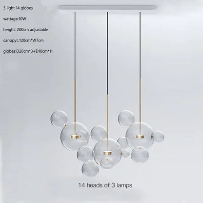 Modern gold glass bubble ball led chandelier with glass bubble decorbites and black cords for dining room lighting