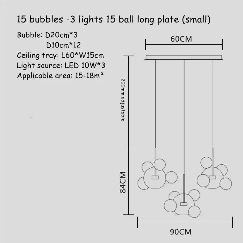 Modern gold glass bubble led chandelier features three pendant lights with 15 spherical glass bubbles on adjustable chains