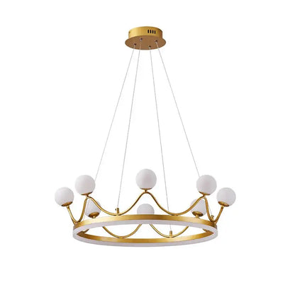 Modern gold glass crown chandelier with white spherical shades featuring a minimalist bedroom pendant light design