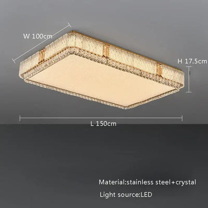 Rectangular modern ceiling lamp with gold-toned stainless steel frame and glass crystal led embellishments for living room