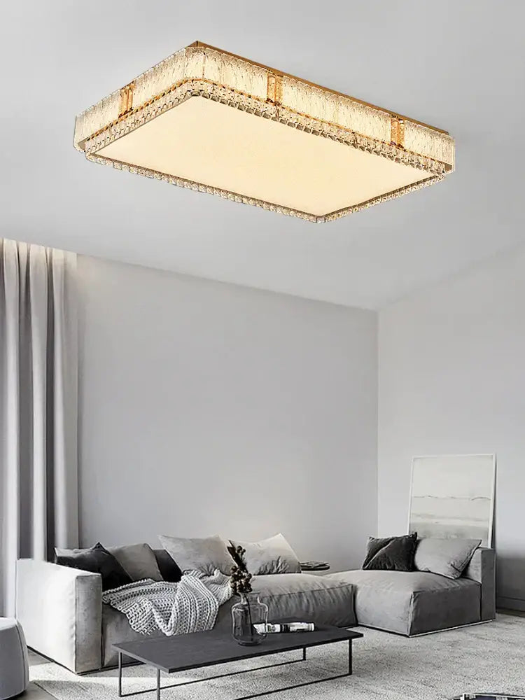 Modern gold glass crystal led ceiling lamp featuring a rectangular frame with textured translucent crystal panels