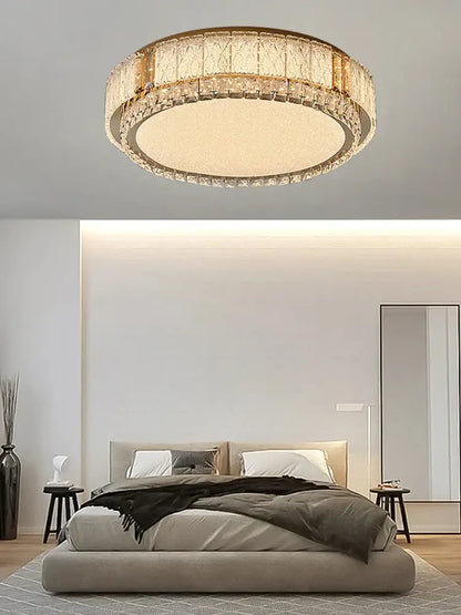Modern gold glass crystal led ceiling lamp with multi-tiered faceted crystal accents and illuminated central panel