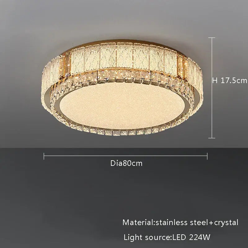 Modern gold glass crystal led ceiling lamp with circular gold-toned frame and two concentric clear crystal rings