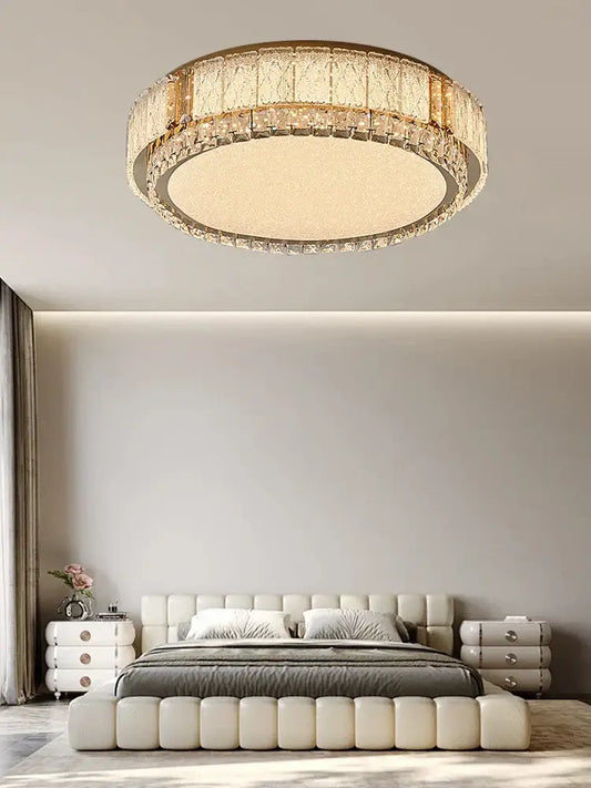 Modern gold glass crystal led ceiling lamp with gold metal frame and clear crystal accents for living room lighting