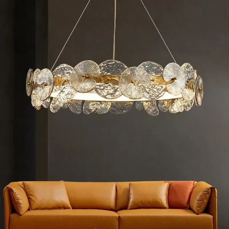Modern gold glass flower led chandelier with translucent textured glass discs and wooden accents for living room lighting