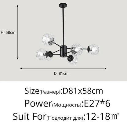Black metal led chandelier with six clear glass globe shades modern sphere pendant light for dining room