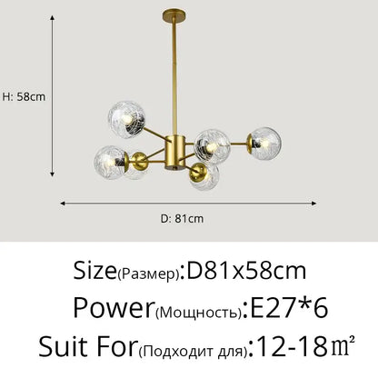 Modern gold glass led chandelier with six clear glass globes and brass fixture for modern dining room lighting