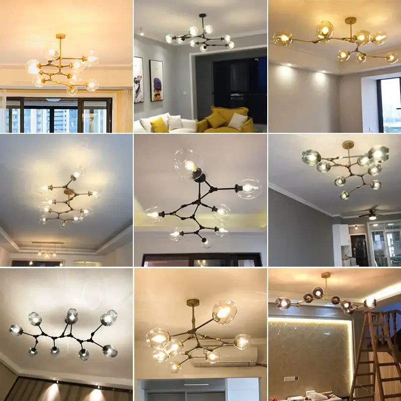 Modern brass and glass pendant lights with a branching molecular design for dining room glass pendant lighting