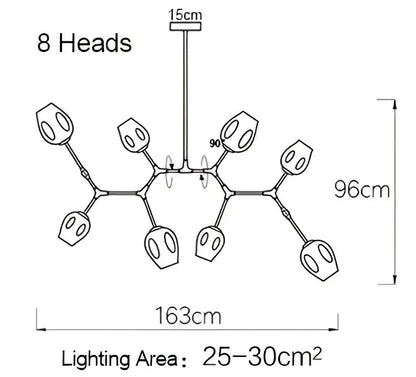 Modern gold glass pendant lights with eight-head sleek metallic chandelier design for dining room measuring 96cm tall