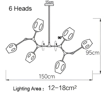 Six-head modern gold glass pendant lights with sleek metallic arms and frosted glass shades for dining room lighting