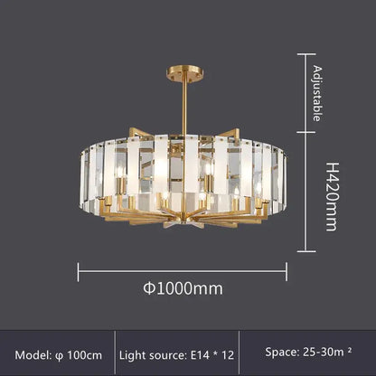 Modern gold glass restaurant chandelier with clear crystal panels and brass fixture for luxury dining room light