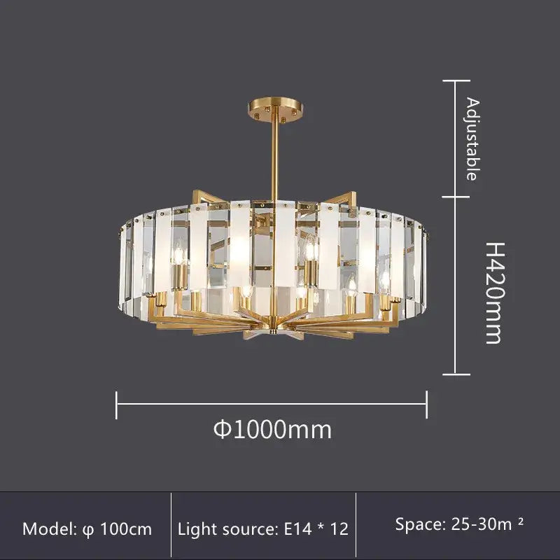 Modern gold glass restaurant chandelier with clear crystal panels and brass fixture for luxury dining room light