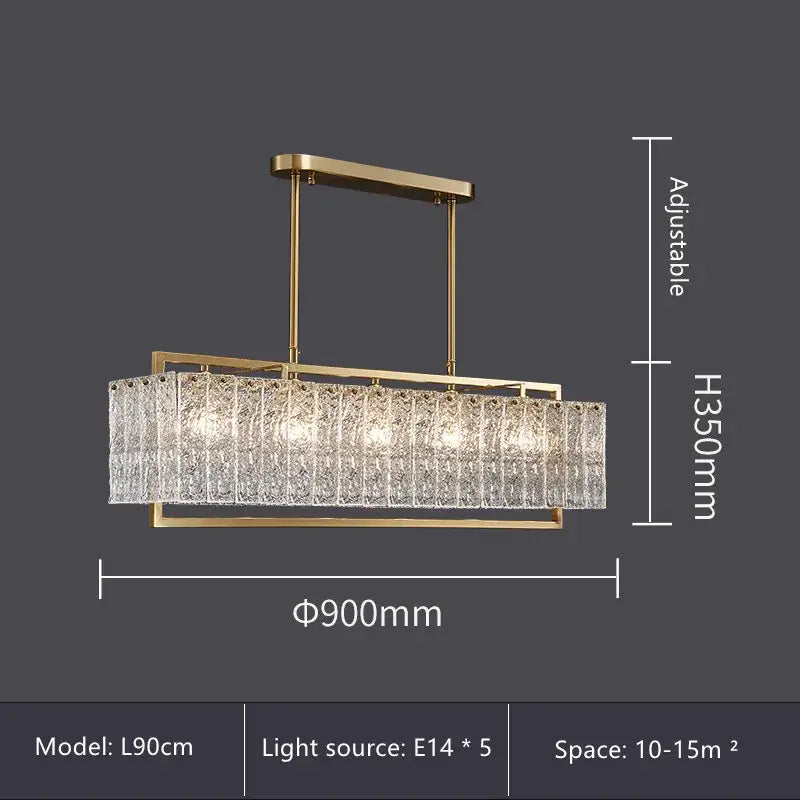 Modern gold glass restaurant chandelier with textured crystal panels and adjustable height for luxury dining room light