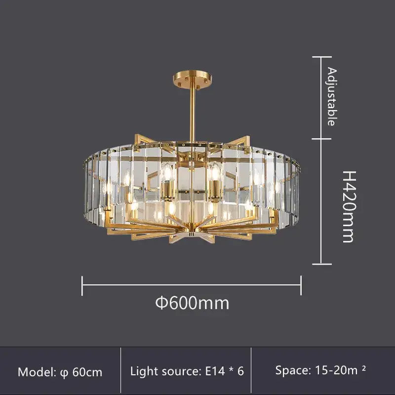 Modern gold glass restaurant chandelier with clear crystal panels and six e14 bulbs for luxury dining room lighting