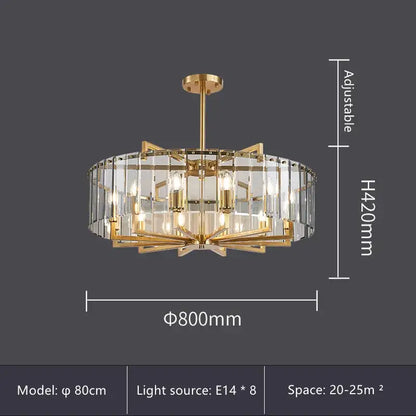 Modern gold glass restaurant chandelier with clear crystal panels and eight e14 bulbs for luxury dining room light