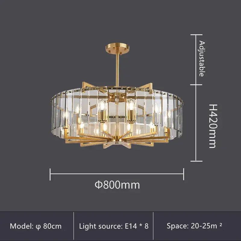 Modern gold glass restaurant chandelier with clear crystal panels and eight e14 bulbs for luxury dining room light