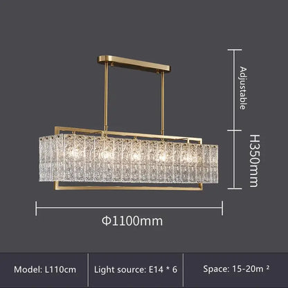 Modern gold glass restaurant chandelier with textured crystal panels and adjustable height for luxury dining room light