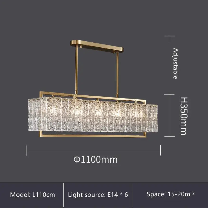 Modern gold glass restaurant chandelier with textured crystal panels and adjustable height for luxury dining room light
