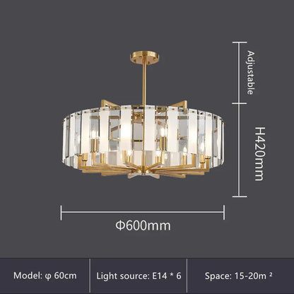 Modern gold glass restaurant chandelier with clear crystal panels and six e14 light sources for luxury dining room lighting