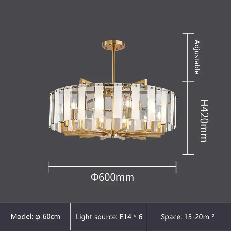 Modern gold glass restaurant chandelier with clear crystal panels and six e14 light sources for luxury dining room lighting