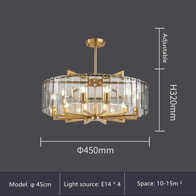 Modern gold glass restaurant chandelier with clear crystal panels and four e14 lights for luxury dining room illumination