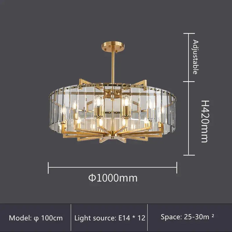 Modern gold glass restaurant chandelier with clear crystal panels and twelve e14 bulbs for luxury dining room lighting