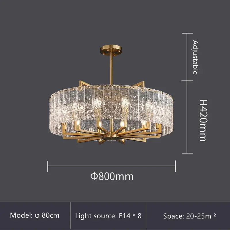 Modern gold glass restaurant chandelier with circular frame of textured clear glass panels and eight e14 bulbs for dining room luxury light