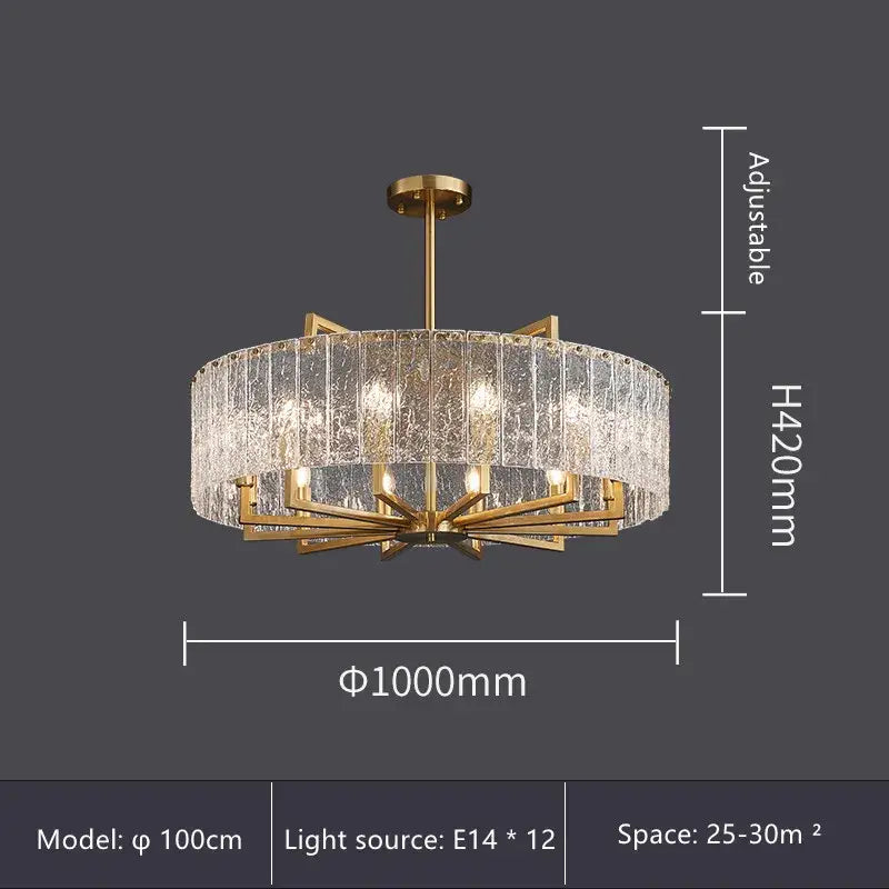 Modern gold glass restaurant chandelier with circular frame textured glass panels and twelve e14 bulbs for dining room luxury light