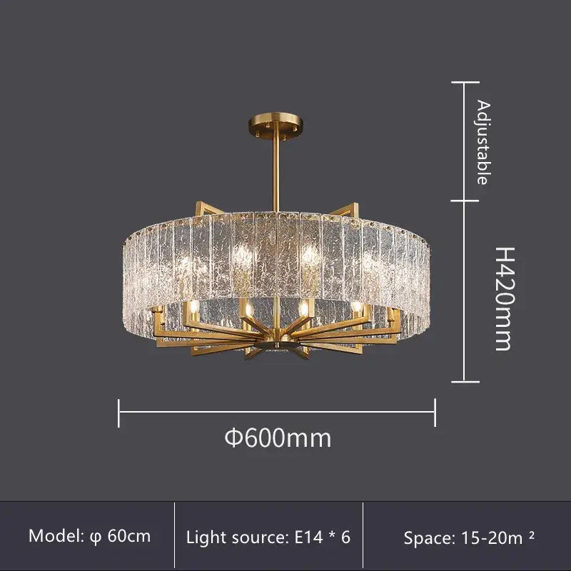 Modern gold glass restaurant chandelier with textured translucent crystal panels and six e14 light sources for dining room luxury light