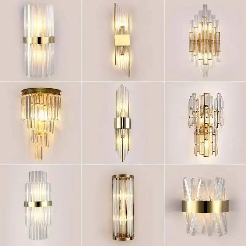 Modern gold glass rod crystal wall sconce with clear glass and gold-toned metal for bedroom lighting
