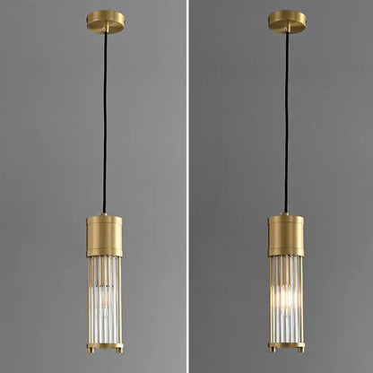 Modern gold glass shade pendant lights with cylindrical clear glass rods and black cord for kitchen island lighting